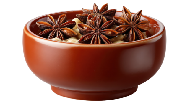 Aromatic Star Anise Displayed in Bowl: This photo captures the enchanting essence of star anise elegantly arranged within a terracotta bowl. The warm.