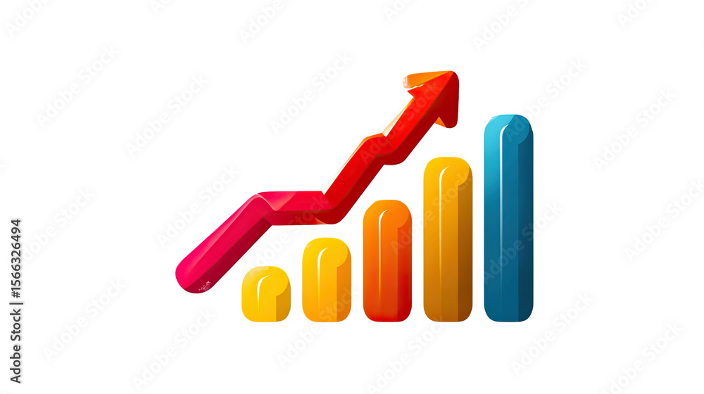 Poster ascending performance: a vibrant bar graph, with a bold red arrow tracing a dynamic upward trajector