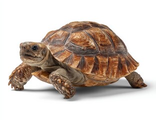 Obraz premium Realistic detailed image of a large adult terrestrial tortoise with a domed walking on a plain white background, close-up view