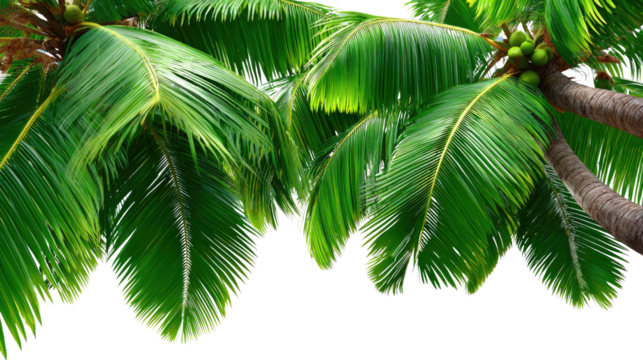 Coconut Palm Fronds: Lush, vibrant green coconut palm fronds sway gently in a tropical breeze, their feathery leaves creating a sense of tranquility and escape.