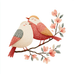 Two colorful birds nestled on a blossoming branch in a serene spring setting