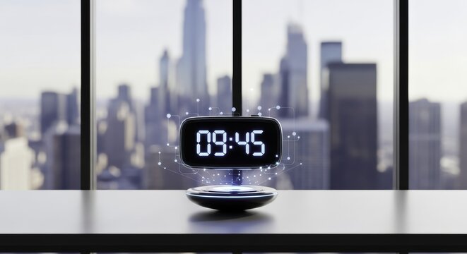 Futuristic levitating digital clock in modern office with city view