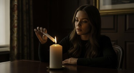 Young woman lighting a single large candle on a dark wooden table in a dimly lit room