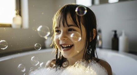 Joyful little girl with wet hair giggling in a bubble bath with soap bubbles
