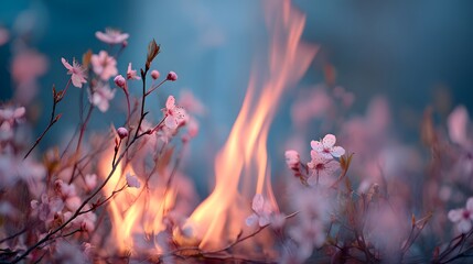 Surreal Everlasting Fire Dancing Over Out-of-Focus Blossoming Flora: An Intense and Serene Romantic Vibe with a Touch of Mystery