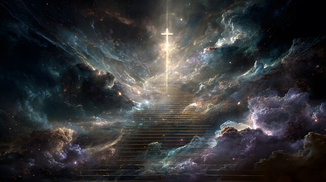 Evocative Digital Artwork of an Elegant Light Staircase Ascending to a Cosmic Expanse with a Majestic Cross of Everlasting Salvation