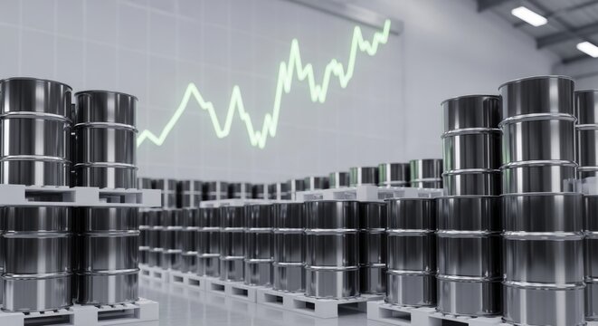 Silver oil barrels stacked in warehouse with glowing market trend graph
