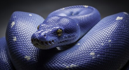Fototapeta premium Majestic cobalt blue python coiled with head tilted in a detailed close up
