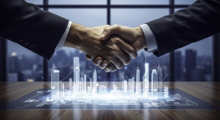 Professional business handshake over holographic city model representing urban development and partnership