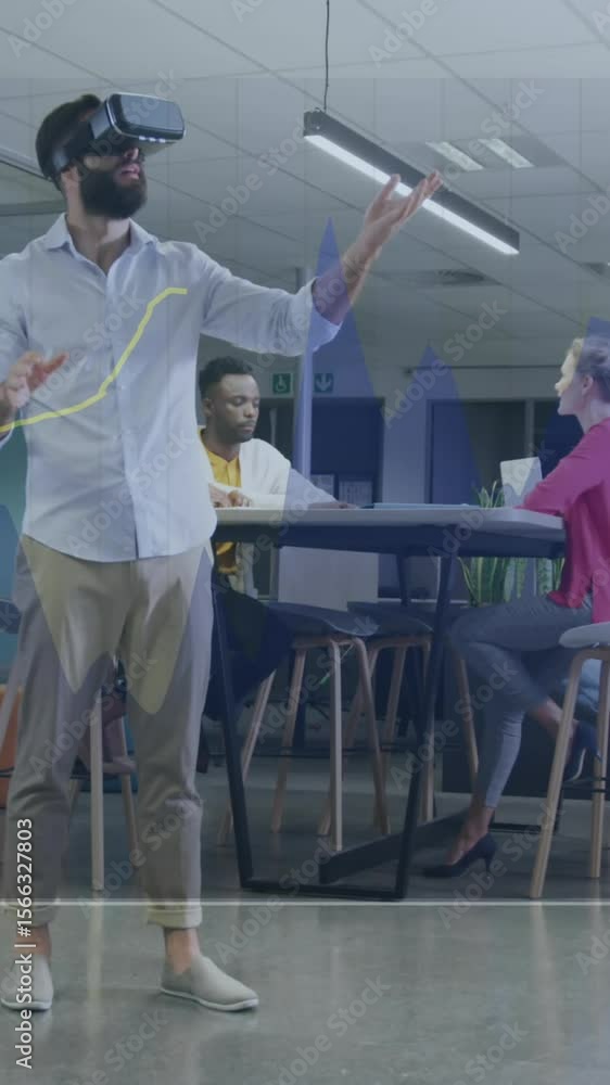 Poster animation of financial data processing over businessman using vr headset