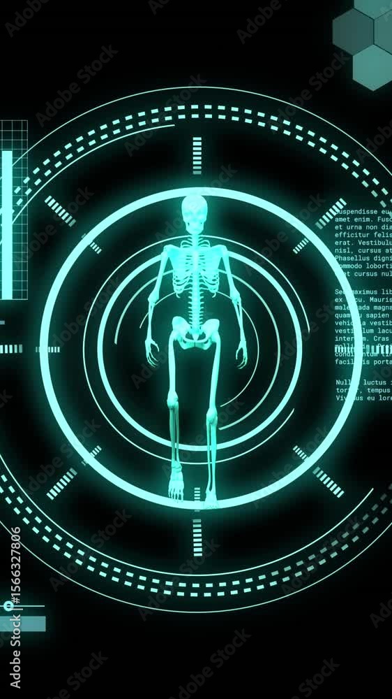 Poster animation of data processing with scope scanning and human skeleton on black background