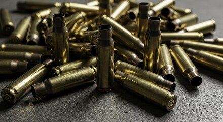 Pile of shiny golden spent bullet casings scattered on a dark surface