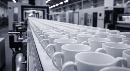 Fototapeta premium White ceramic coffee mugs moving on a conveyor belt in a modern manufacturing factory