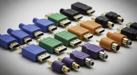 Collection of colorful electronic connectors and HDMI adapters for modern technology