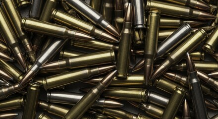 Full frame view of a large pile of brass and silver rifle ammunition and bullets