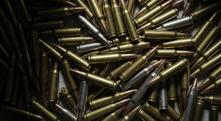 Close up top view of a large pile of brass and silver rifle cartridges and ammunition