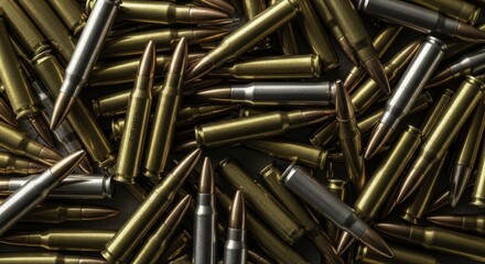 Pile of 5.56 caliber rifle cartridges and ammunition from top view