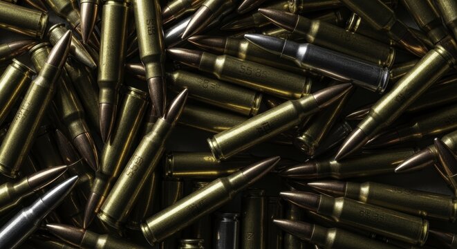 Dense pile of 5.56 caliber rifle ammunition cartridges and bullets