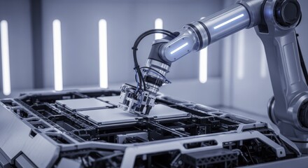 High tech robotic arm installing advanced components in a modern industrial factory