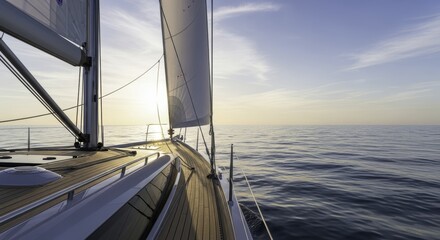 Modern sailboat gliding on calm ocean waters at sunset with sun flare