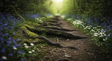 Obraz premium Enchanting forest trail winding through lush greenery with moss covered roots and blooming wildflowers