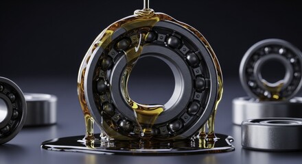 Industrial ball bearing receiving golden lubricating oil for optimal machinery performance