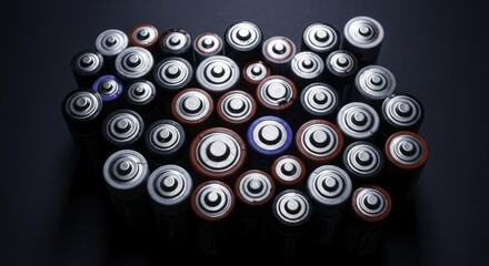 Assorted cylindrical batteries pile from overhead view on a dark surface