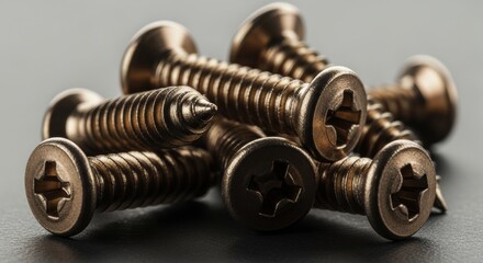 Close up macro photograph of a pile of copper colored phillips head screws