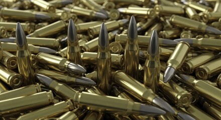 Pile of 7.62 NATO rifle ammunition cartridges with golden brass casings