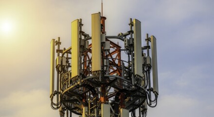 Modern cell tower with multiple antennas for wireless communication and mobile network technology