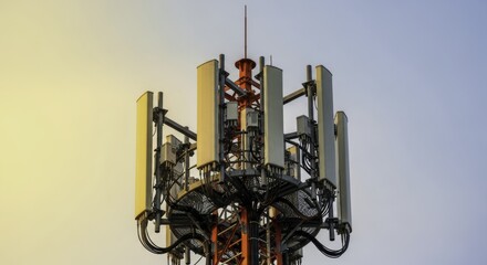 Modern cell tower top section with multiple antennas and cables against sky