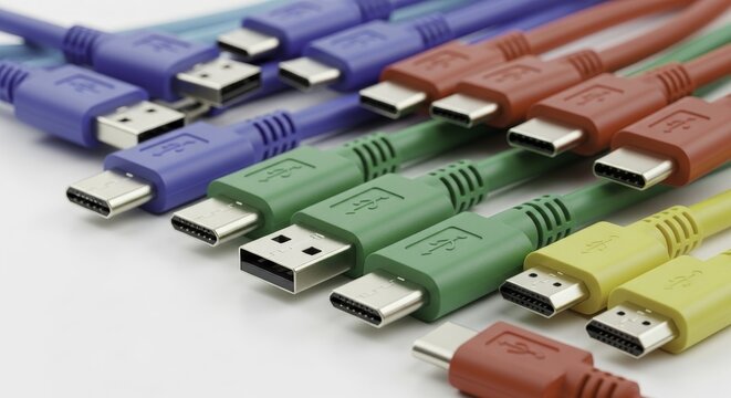 Vibrant collection of USB C, USB A, and HDMI cables for data transfer