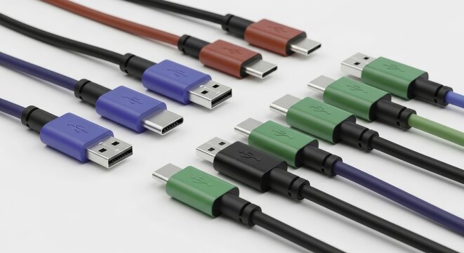 Colorful USB c and USB a cables neatly arranged for modern data connectivity