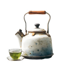Vintage enamel teapot with a wooden handle and a glass cup of green tea isolated on transparent background
