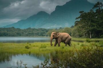 An elephant walks through a grassy field near a lake with misty mountains behind
