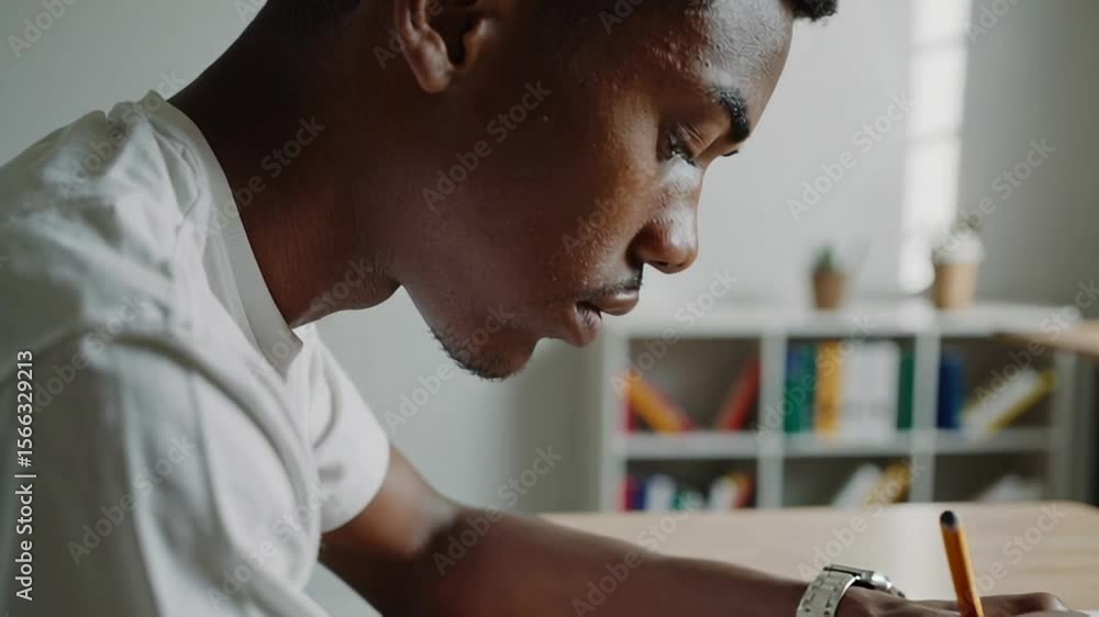 Poster focused student writes diligently in notebook, demonstrating commitment to education in bright class