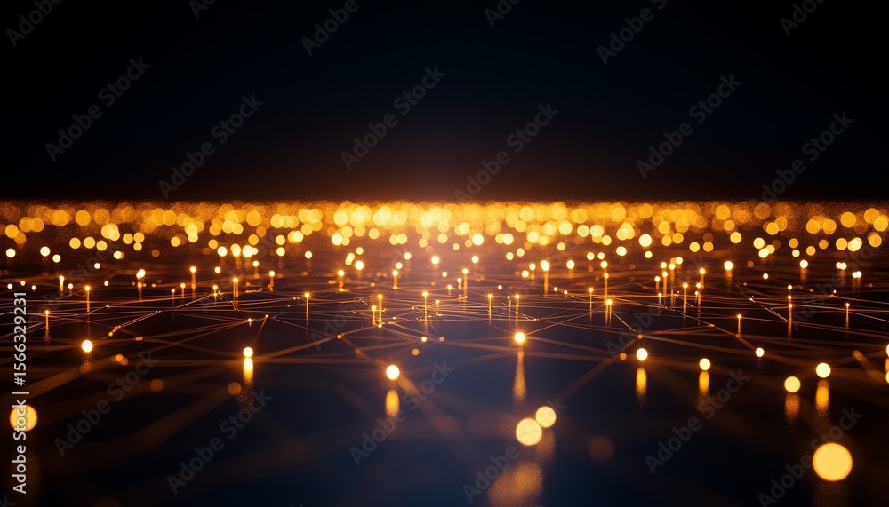Poster a futuristic digital network with glowing golden nodes connected by lines on a dark background, symb