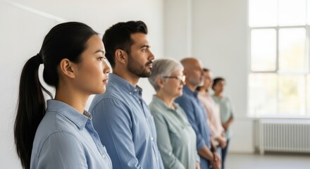 A diverse group of people standing in a line, looking in the same direction.