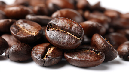 Obraz premium Close-up of rich, dark coffee beans showcasing their glossy texture and unique features for coffee enthusiasts and culinary arts.