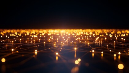 A futuristic digital network with glowing golden nodes connected by lines on a dark background, symbolizing data flow and connectivity.