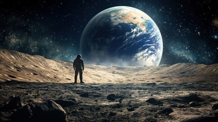 Astronaut on moon, gazing at Earth