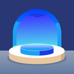 Aesthetic presentation stage with blue arch and platform for product display and modern showcase design