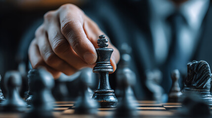 A close-up of a hand moving a chess piece on a game board, showcasing strategy and focus in a competitive environment.