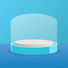 Minimalist product display with a round platform inside a transparent dome on a blue background scene