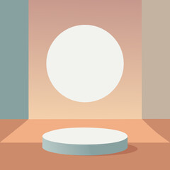 A minimalist scene with a circular platform and a large white circle against a gradient background