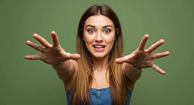 Woman reaching out with joyful expression olive backdrop