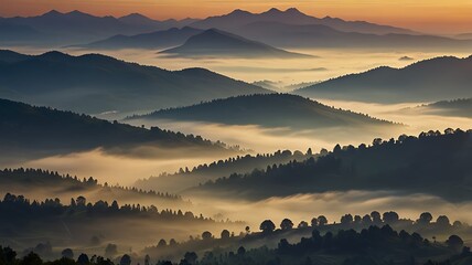 Gentle Sunrise Glow Over Layered Mountain Ridges