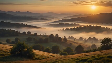 Warm Light of Sunrise Illuminating Misty Hills