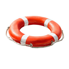Bright orange life preserver ring with white stripes and rope detail isolated on transparent background