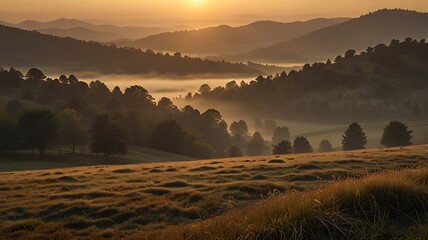 Misty Hills Under Soft Warm Sunrise Light
